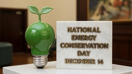 Green light bulb with leaves and National Energy Conservation Day December 14 sign symbolizing ecofriendly energy.