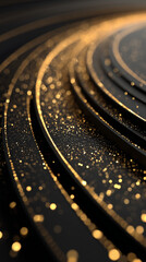 A refined black and gold abstract curve composition with soft shimmering particles creating a luxurious modern festive backdrop suitable for elegant design work