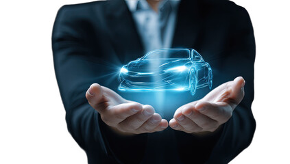 Hands holding a glowing blue futuristic car hologram against a dark background