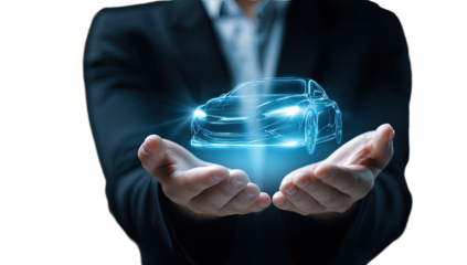 Hands holding a glowing blue futuristic car hologram against a dark background