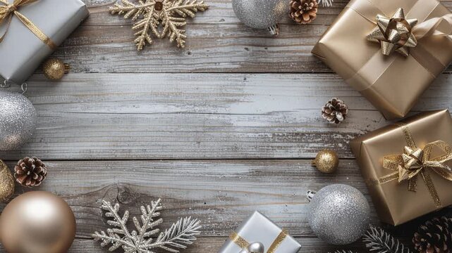 Christmas holiday background with gold and silver gifts, baubles, and snowflakes on rustic wood.