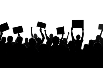 Silhouetted crowd holding blank signs in a protest