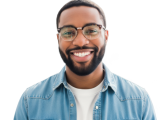 Happy young african american man with beard and glasses smiling broadly.