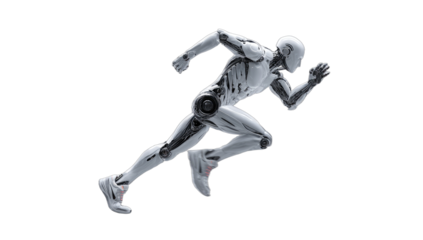Futuristic metallic automaton in a dynamic running pose against a black background