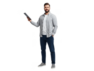 Smiling bearded man presenting information on a digital tablet.