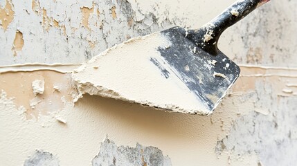 spackle. Extreme close-up of a putty knife smoothing spackle on a wall, showing textural transition. real-estate listings.