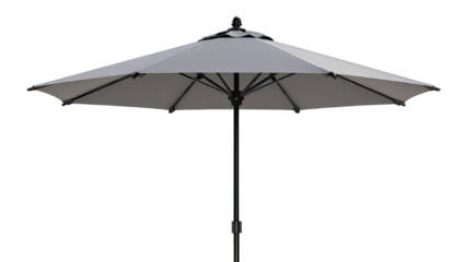 An open gray patio umbrella with a dark central pole, isolated on a black background