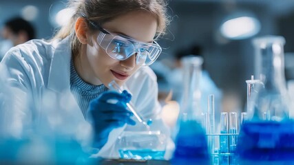 Young female scientist in safety goggles conducts chemical experiment in modern laboratory, surrounded by glassware and blue liquids. She carefully observes reactions with focused attention - Powered by Adobe
