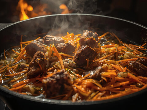 Authentic Central Asian pilaf zirvak cooking in cast iron qazan, close-up food photography