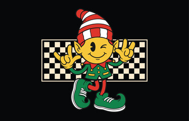 Cool Retro Cartoon Christmas Elf Character Giving Rock and Roll Hand Signs