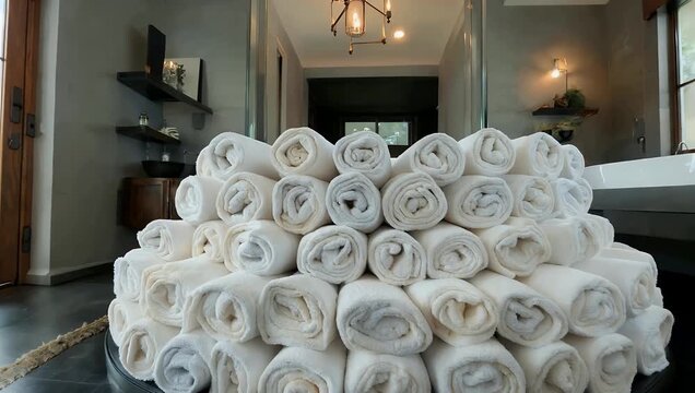 Cinematic 4K low orbit pan footage around neatly rolled towels arranged in an eco lodge in Mindo Ecuador showcasing sustainable luxury interior design and serene hospitality concepts