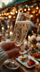 A warm festive toast moment with a sparkling champagne glass glowing bokeh and elegant dinner ambience creating a joyful new year celebration mood for seasonal lifestyle visuals