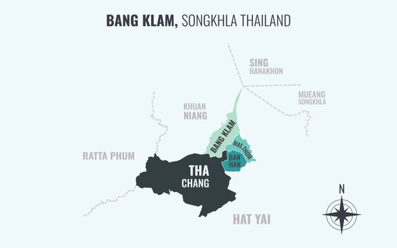 Map showing Bang Klam District Songkhla Thailand divided into sub-districts with minimalist colorful patterns