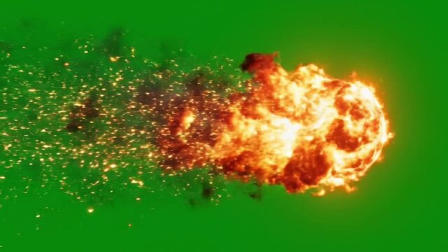 A bright glowing fireball flying forward on a clean green background.