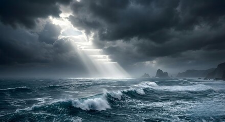 Obraz premium Rays of Hope: Sunbeams Over Wild Ocean and Dark Clouds