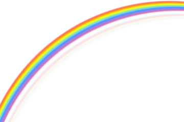 Classic bright rainbow arch on white background, full curved multicolor band with soft glowing reflections, cheerful pastel rainbow graphic resource overlay for greeting cards, children’s books 