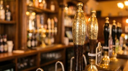 Ornate Brass Beer Taps in a Traditional British Pub