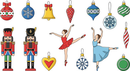 Christmas ornaments, nutcracker soldiers, ballerinas, festive decorations, holiday symbols, seasonal celebration, cheerful design elements, colorful vector set, flat vector illustration © Creative Mind