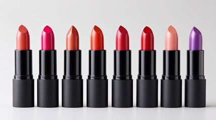 Obraz premium Vibrant Array of Lipstick Shades Displayed in a Row for Makeup Artistry and Beauty Products, Showcasing Various Bold Colors for Every Style