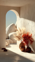 A minimal warm architectural interior with soft sunlight shadows smooth textures and calm earthy tones creating an elegant serene lifestyle scene for modern visual design