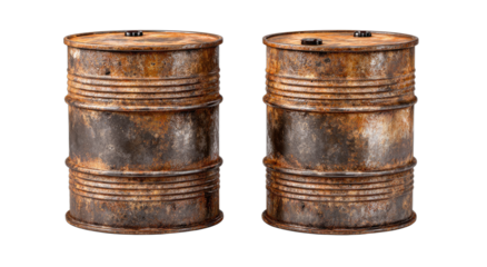 Two heavily rusted, weathered metal barrels with circular ridges