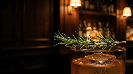Rosemary Garnish on a Classic Cocktail in a Dimly Lit Bar