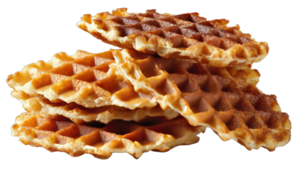 Stack of golden-brown, crispy, thin waffles with a checkered pattern