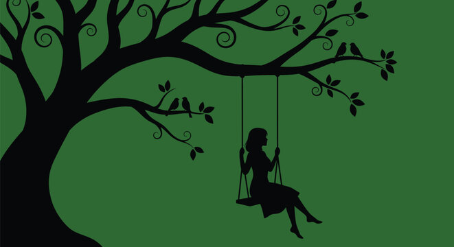 Silhouette of a girl on a tree swing with birds