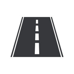 Isolated pictogram of a road with white lane markings, representing highway direction, transportation route, traffic guidance, roadway symbol, and urban infrastructure icon.