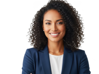 Smiling confident young diverse businesswoman with curly hair.