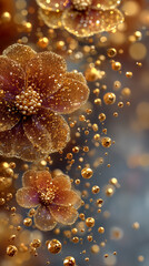A golden glitter floral artwork with shimmering festive particles floating softly around textured petals creating an elegant luxurious holiday decorative visual for seasonal projects