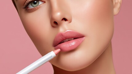 Close-Up of Woman Applying Soft Pink Lip Pencil on Lips with Natural Makeup Against a Blush Pink Background for Beauty and Fashion Concepts