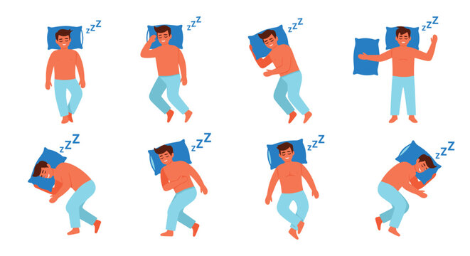Eight diverse illustrations of a man sleeping peacefully in various comfortable and relaxed positions, demonstrating different sleep postures.