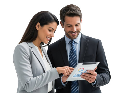 Business colleagues analyze financial data on a digital tablet - Powered by Adobe