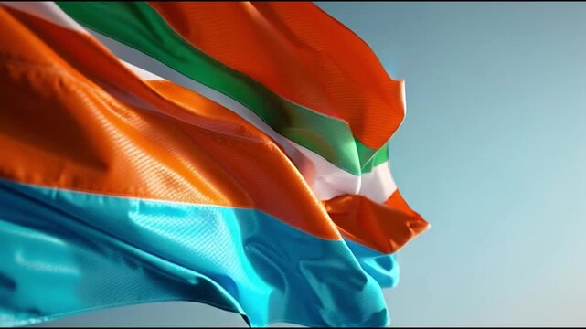 Vibrant tri color flag waving dynamically against clear bright blue sky background motion