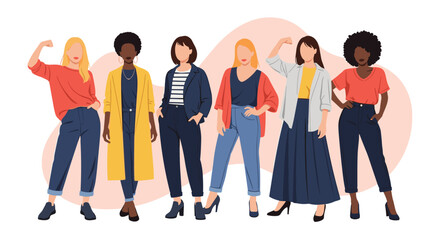 Obraz premium Diverse group of empowered women standing together, showcasing unity, strength, and confidence in various stylish outfits.