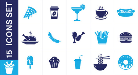 Set of various food and drink icons. food and drink icons in a flat design style. Fast food solid 
icons set. include pizza, coffee, cocktail, hot dog, burger, chicken and more