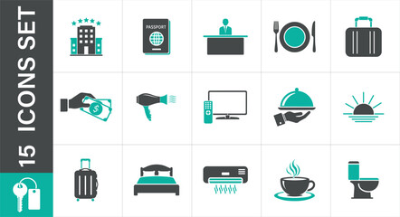 A set of hotel amenities icons. Hotel Service Icons. Include hotel, service, accommodation, dining, 
amenities, lodging, resort, room, passport, luggage, suitcase, reception and more