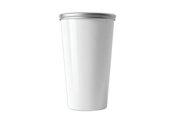 A tall, seamless, white tumbler with a metallic silver rim, isolated on black