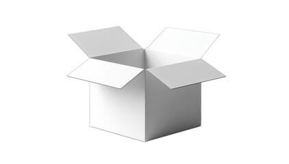 An open, empty, white cardboard box with its flaps extended upward