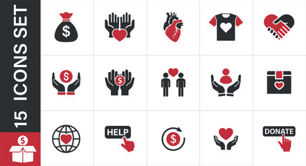 Collection of charity and donation icons. Include charity, donation, giving, support, help, care, 
heart, people, fundraising, non-profit, aid, humanitarian and more