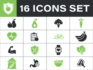 Nutrition icons. Healthy lifestyle icons for fitness, nutrition, and wellness concepts. Include health, 
fitness, nutrition, wellness, food, fruit, vegetable, exercise, muscle, organic and more