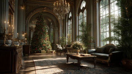 Grand Interior with Seasonal Embellishments: Sunlight streams into a stately interior, illuminating a Christmas tree, antique furnishings, and an inviting ambiance, evoking warmth and festive cheer.