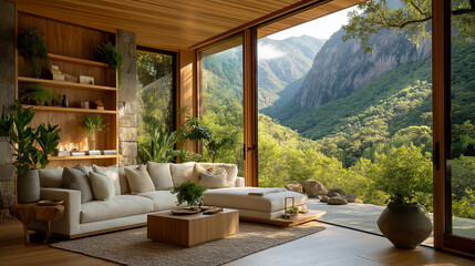 Fototapeta premium Luxurious Mountain View Lounge: A spacious, sun-drenched living area seamlessly blends the comfort of modern design with breathtaking natural surroundings.