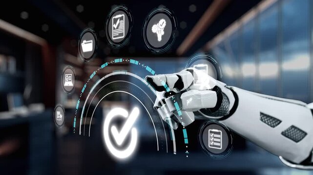 A robotic hand engages with a series of virtual icons, representing advanced technology and automation in a sleek digital workspace, symbolizing innovation and progress. Auvana