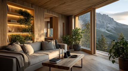 Fototapeta premium Cozy Interior with a View: A warm, inviting living space, adorned with natural wood elements, plants, and a stunning view of a mountain range.
