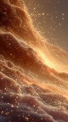 A dreamy cosmic gold cloudscape with floating glitter particles swirling softly through warm luminous textures creating a magical festive abstract atmosphere perfect for elegant holiday designs