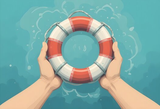 Hands holding lifebuoy above water. Symbolic rescue, hope. Safety support concept art in vibrant hand-drawn style, isolated lifesaving ring for day of disaster reduction, mental health awareness - Powered by Adobe