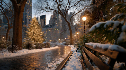 Winter's Embrace: a serene view of a snowy park with glistening pathways. The city lights twinkle in the distance. A wooden bench invites quiet contemplation.