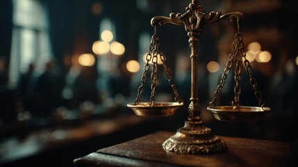 The scales of justice sway gently in the breeze, elegant brass scales, dim courtroom lighting